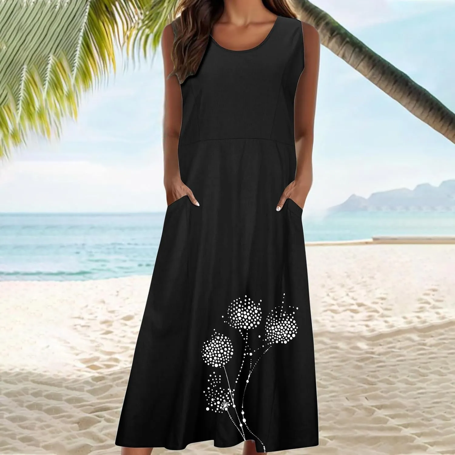 Women's Summer Casual Sleeveless Cotton Sun Dress Maxi Tank Beach 2025 Vacation Travel Floral Print Dress with Pockets