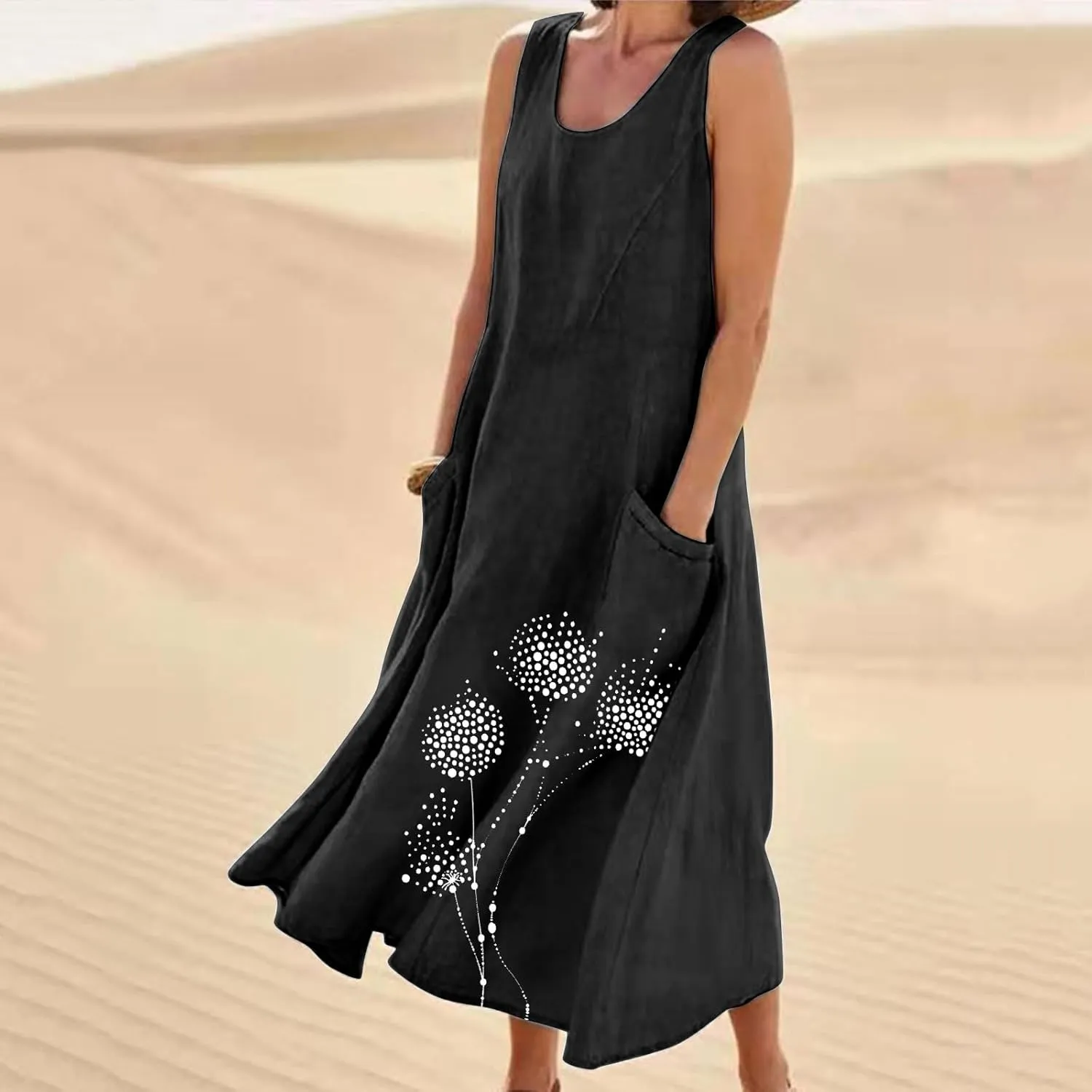 Women's Summer Casual Sleeveless Cotton Sun Dress Maxi Tank Beach 2025 Vacation Travel Floral Print Dress with Pockets