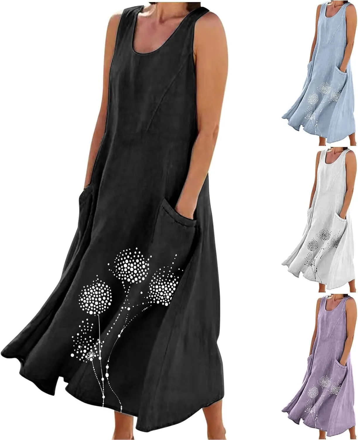 Women's Summer Casual Sleeveless Cotton Sun Dress Maxi Tank Beach 2025 Vacation Travel Floral Print Dress with Pockets