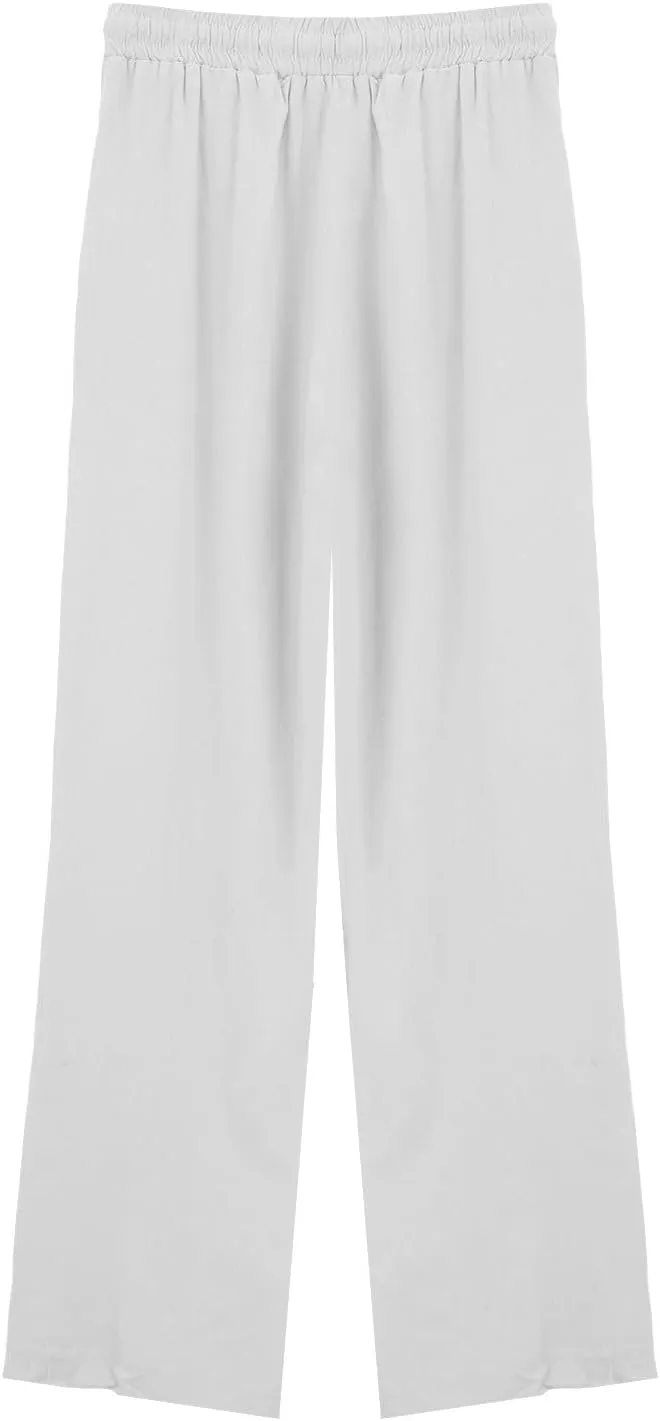 Women's Summer Cotton Linen Wide Leg Pants Drawstring high Waist Palazzo Flowy Beach Trousers