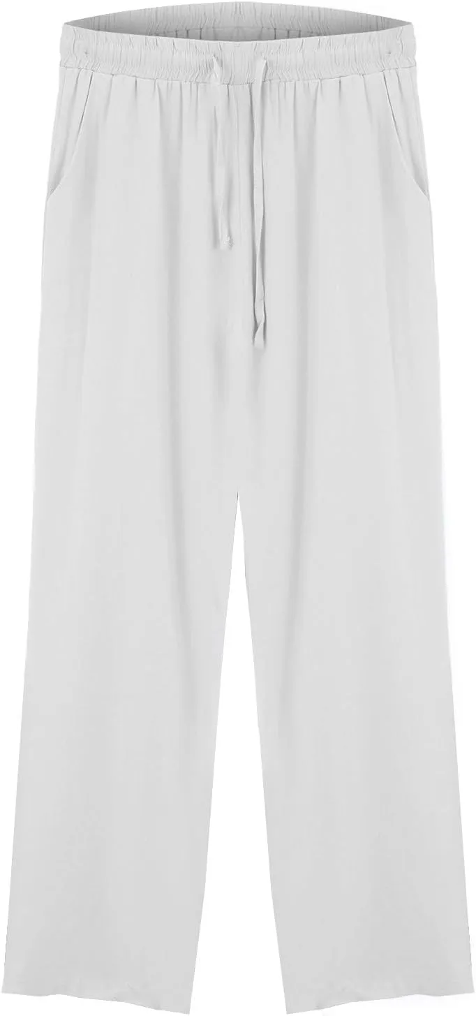 Women's Summer Cotton Linen Wide Leg Pants Drawstring high Waist Palazzo Flowy Beach Trousers