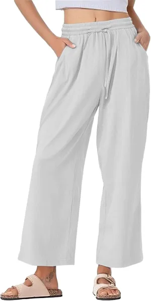 Women's Summer Cotton Linen Wide Leg Pants Drawstring high Waist Palazzo Flowy Beach Trousers