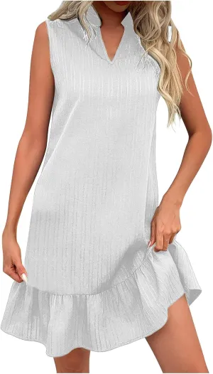 Women's Summer Dresses 2025 Sleeveless Smocked V Neck Tank Dress Casual Loose A-Line Swing Ruffle Mini Dress Sundress
