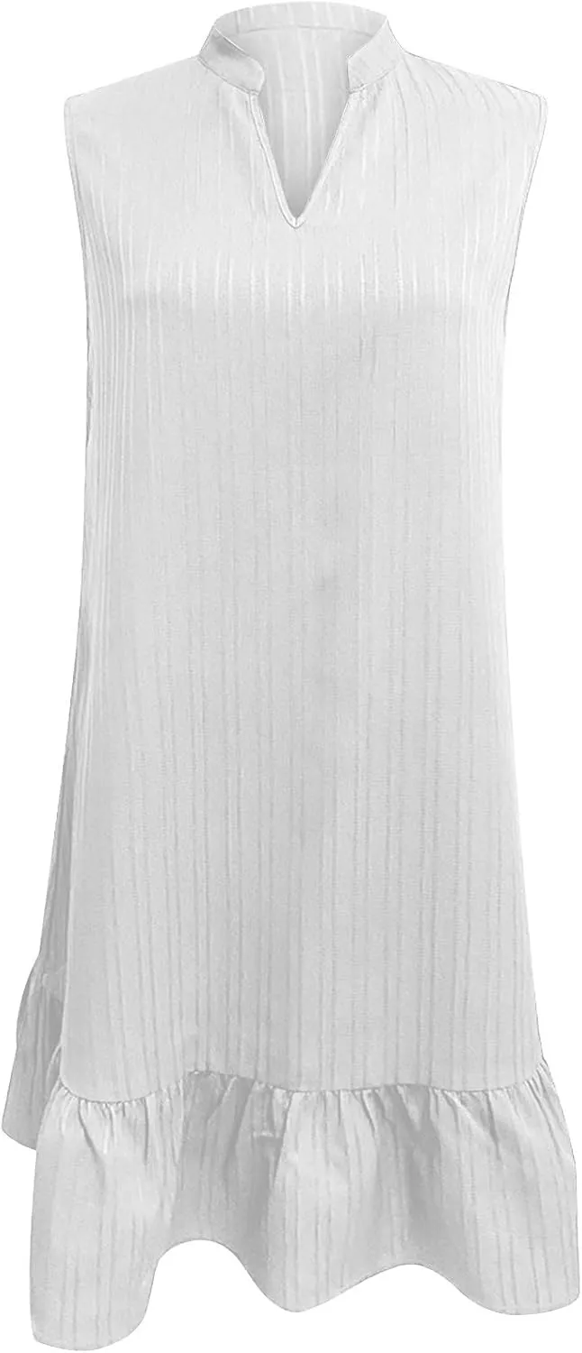 Women's Summer Dresses 2025 Sleeveless Smocked V Neck Tank Dress Casual Loose A-Line Swing Ruffle Mini Dress Sundress