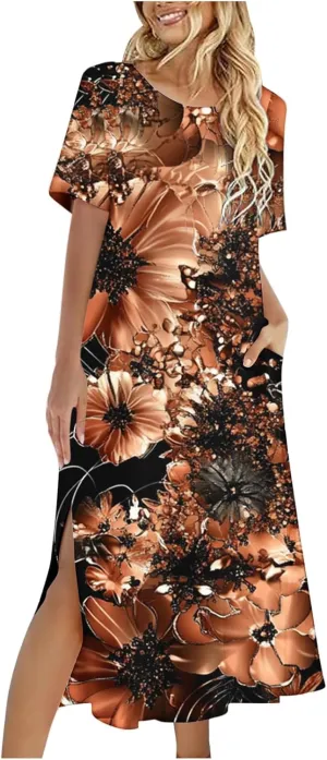 Womens Summer Dresses Short Sleeve Long T Shirt Dress Split Maxi Dress Boho Floral Print Beach Sundresses with Pockets