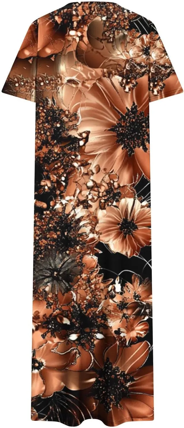 Womens Summer Dresses Short Sleeve Long T Shirt Dress Split Maxi Dress Boho Floral Print Beach Sundresses with Pockets