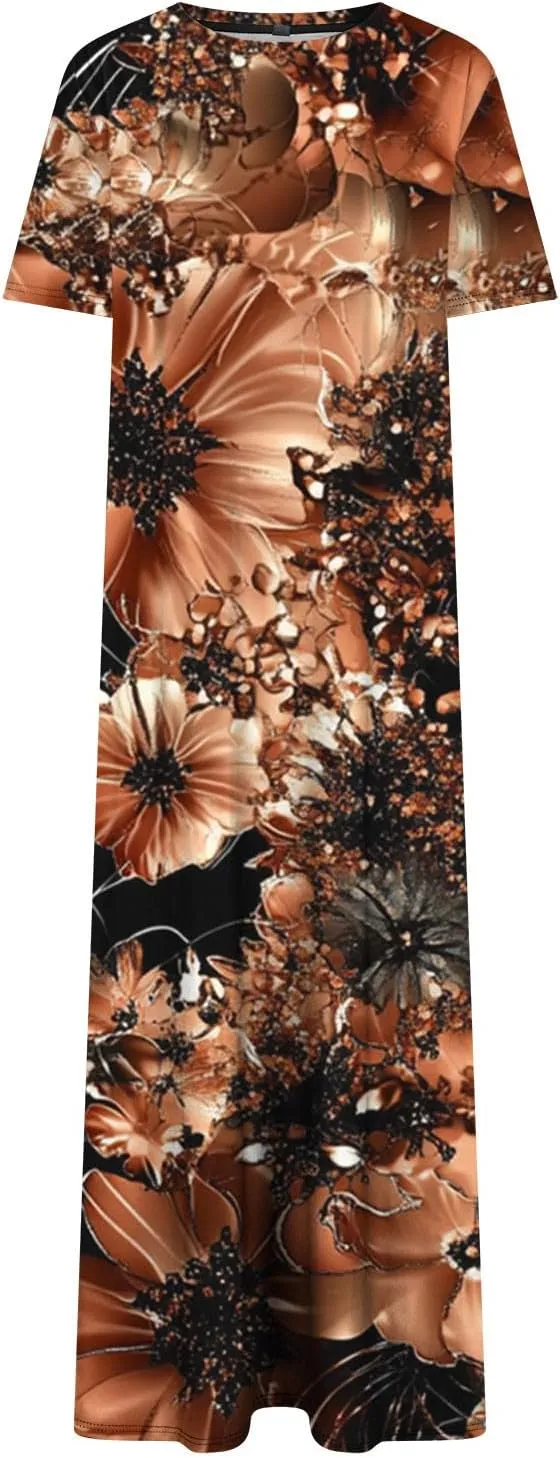 Womens Summer Dresses Short Sleeve Long T Shirt Dress Split Maxi Dress Boho Floral Print Beach Sundresses with Pockets