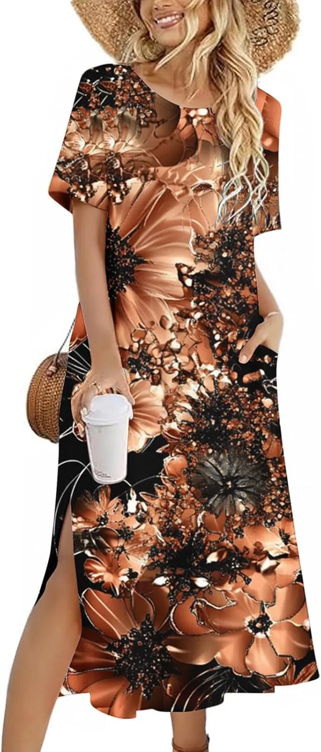 Womens Summer Dresses Short Sleeve Long T Shirt Dress Split Maxi Dress Boho Floral Print Beach Sundresses with Pockets