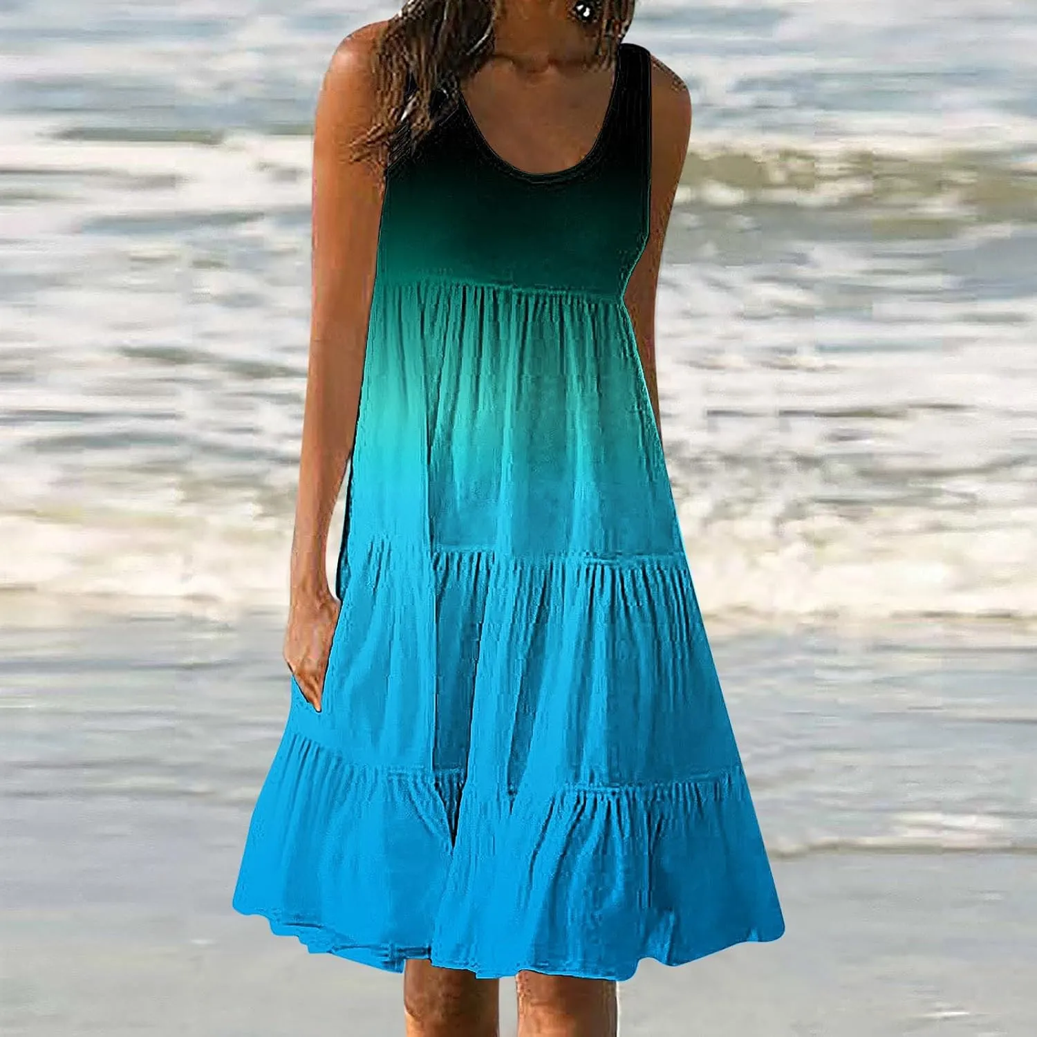 Womens Summer Dresses Sleeveless midi Dress Spaghetti Strap Sundress Ruffles Casual Loose Boho Floral T Shirt Dress