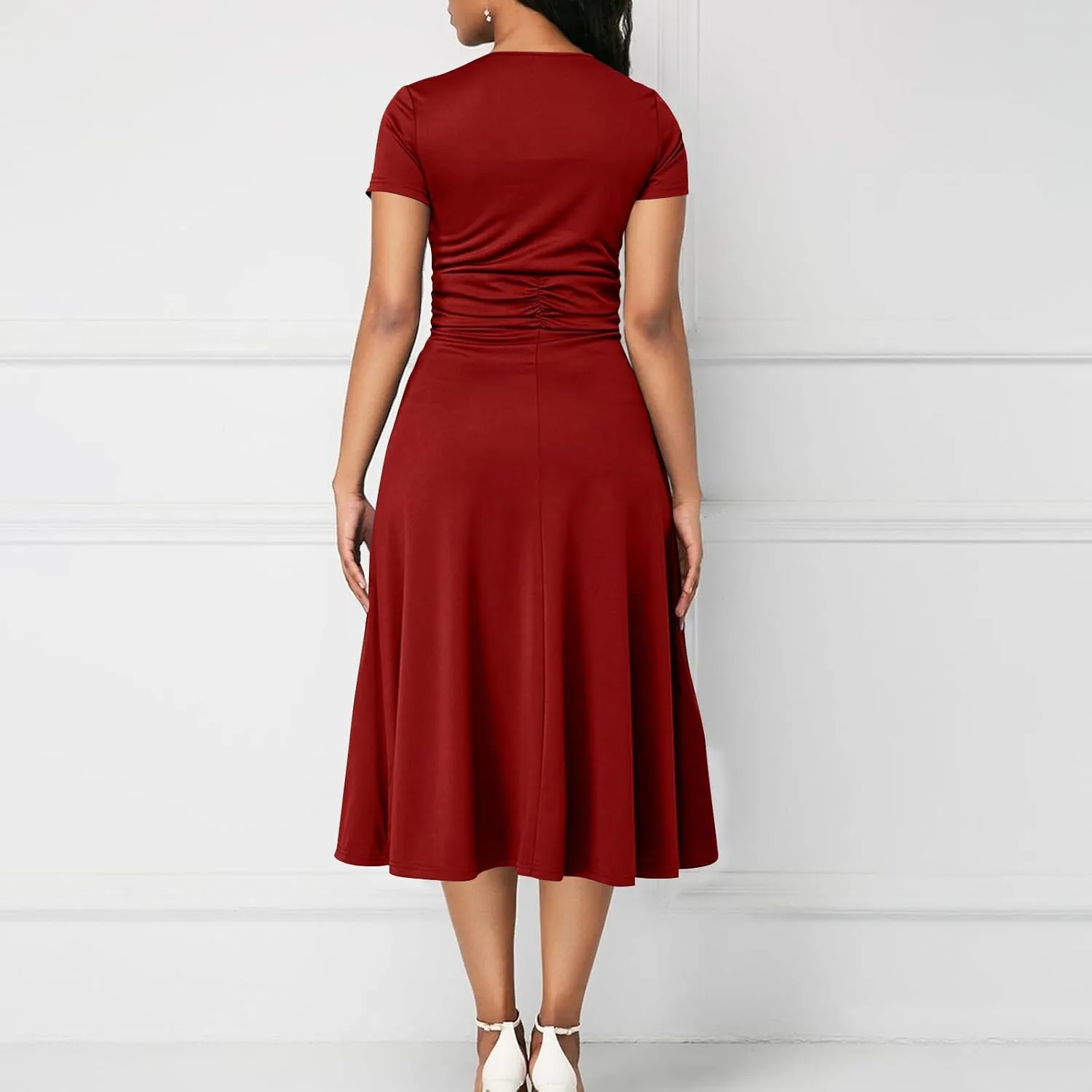 Women's Summer Evening Midi Dress Short Sleeve V-neck Tops Dresses Fashion High Waist Flowy Solid Loose Tunic Dress