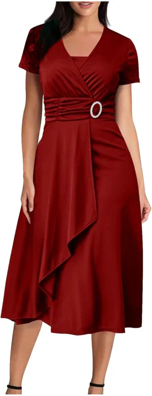 Women's Summer Evening Midi Dress Short Sleeve V-neck Tops Dresses Fashion High Waist Flowy Solid Loose Tunic Dress