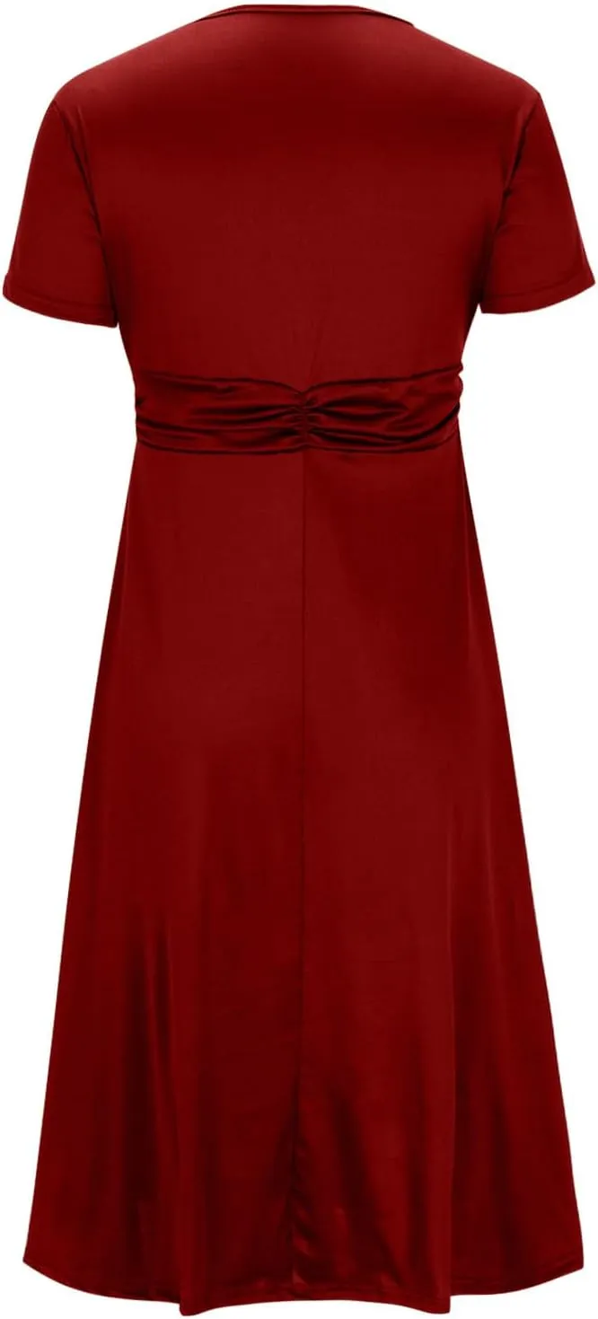 Women's Summer Evening Midi Dress Short Sleeve V-neck Tops Dresses Fashion High Waist Flowy Solid Loose Tunic Dress
