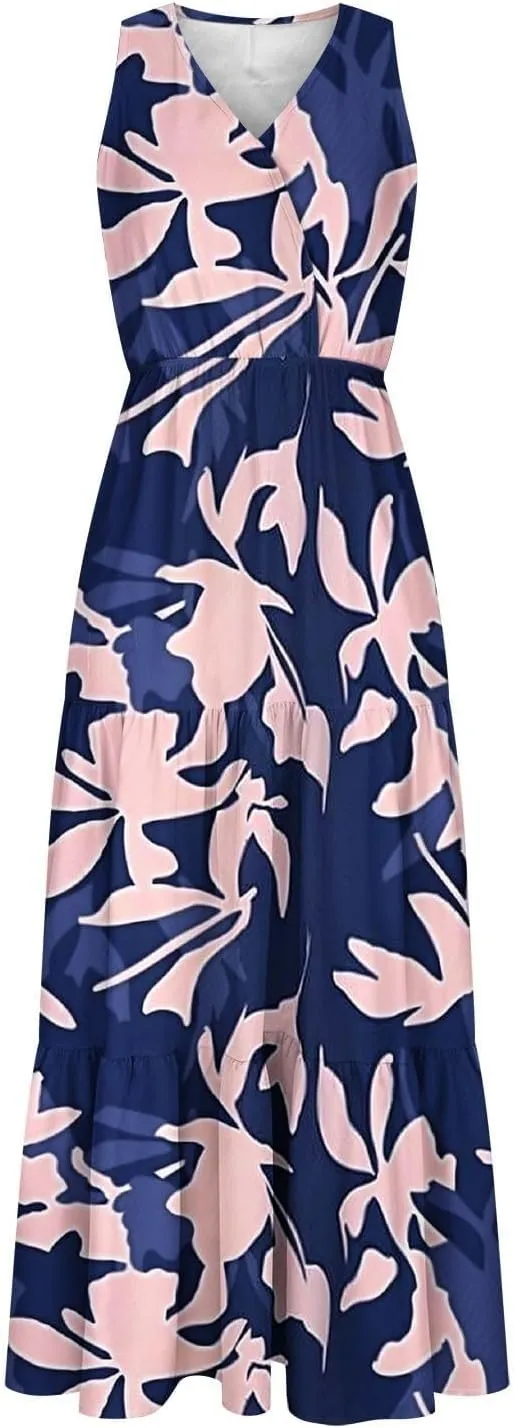 Womens Summer Floral Maxi Dresses Party Beach Vacation Dress Sleeveless High Waisted Tunic Ruffle Swing Sundress