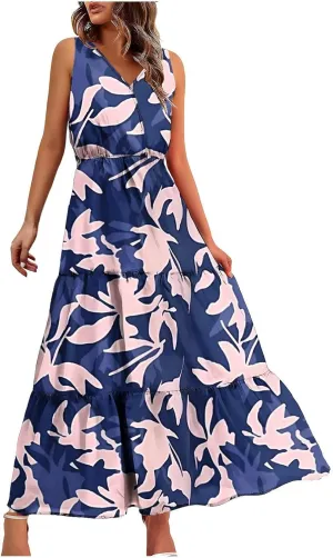 Womens Summer Floral Maxi Dresses Party Beach Vacation Dress Sleeveless High Waisted Tunic Ruffle Swing Sundress