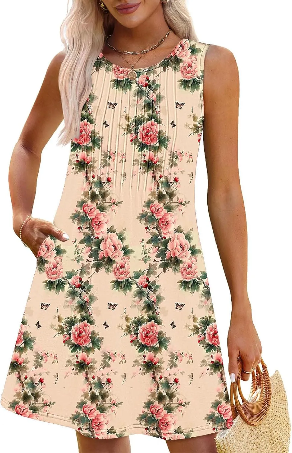 Women's Summer Sleeveless Boho Beach Dress Floral Mini Sundress with Pockets Casual Vacation Travel Flowy Tshirt Dress