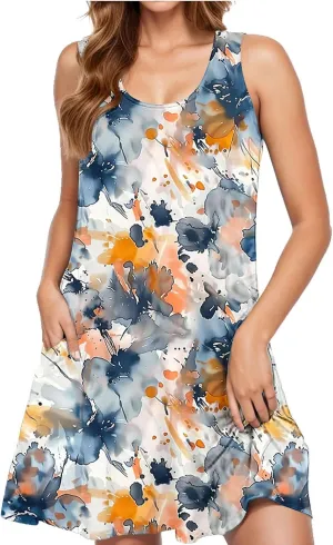 Women's Summer Sleeveless Tank Boho Beach Dress Floral Mini Sundress with Pockets Casual Loose Fit Flowy Tshirt Dress