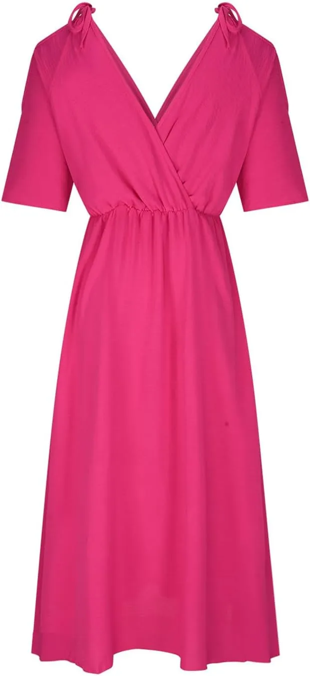 Women's Summer Slit Midi Dress Cold Shoulder Short Sleeve Long Dresses Sexy V Neck Flowy Loose Solid Cute Clothes