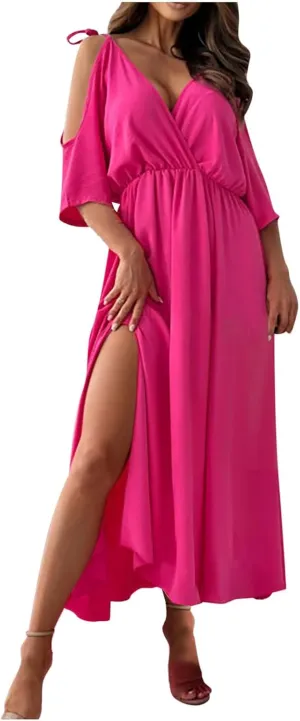 Women's Summer Slit Midi Dress Cold Shoulder Short Sleeve Long Dresses Sexy V Neck Flowy Loose Solid Cute Clothes