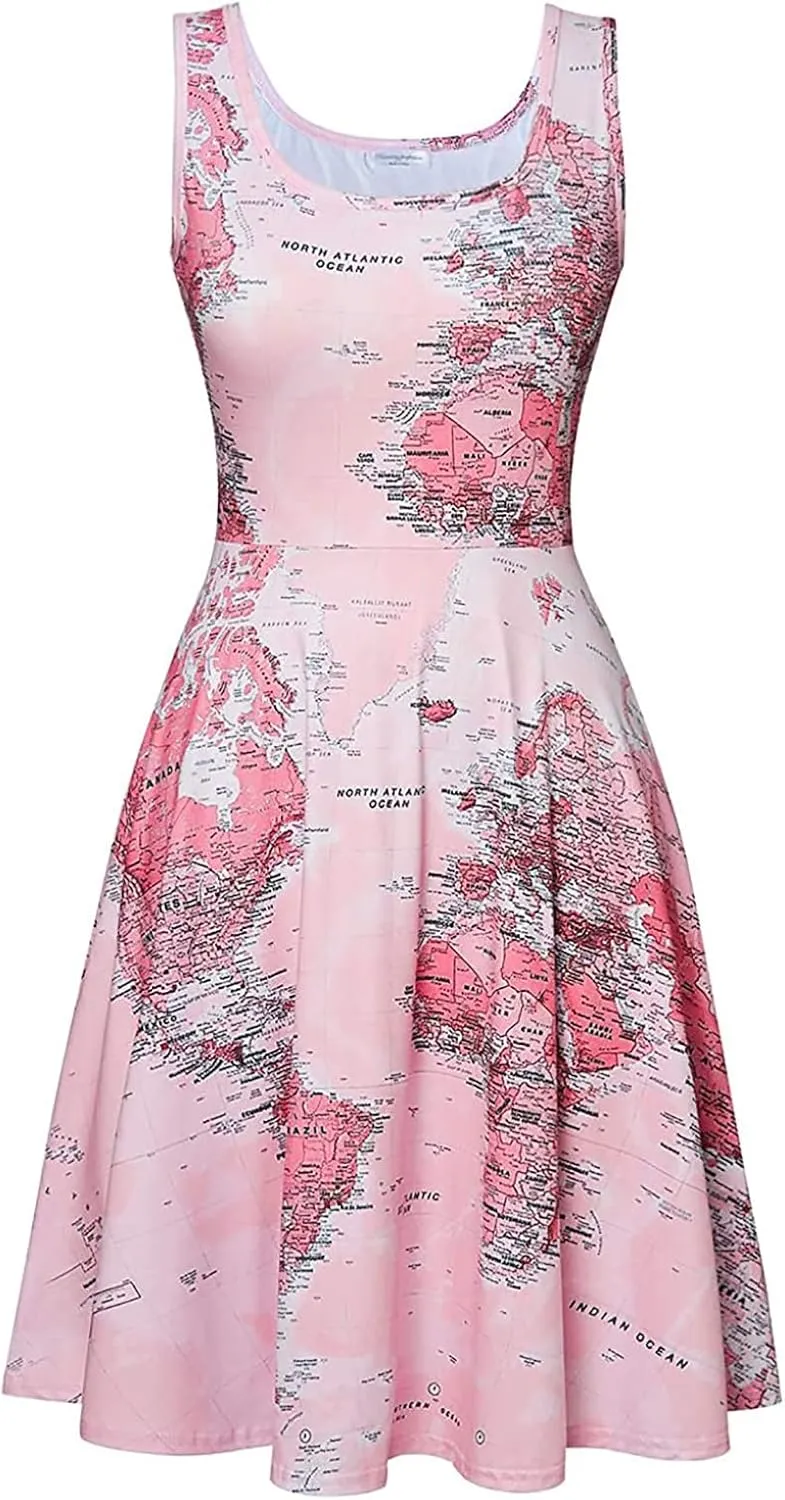 Womens Summer T Shirt Dresses Sleeveless World Map Print Scoop Neck Tank Dress A Line Ruched Racerback Midi Dresses
