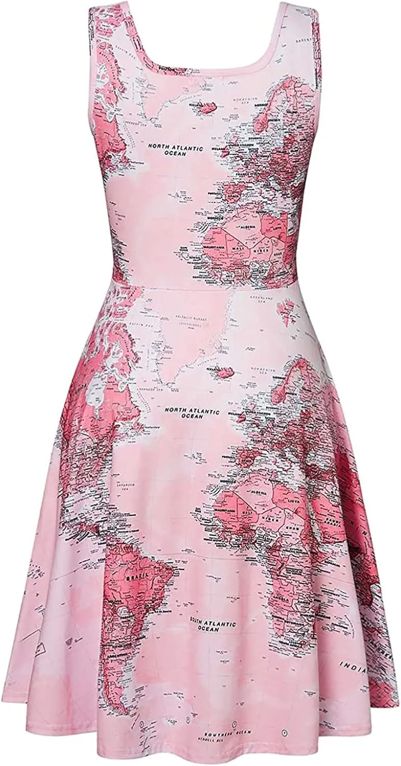 Womens Summer T Shirt Dresses Sleeveless World Map Print Scoop Neck Tank Dress A Line Ruched Racerback Midi Dresses