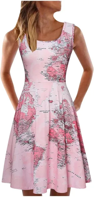 Womens Summer T Shirt Dresses Sleeveless World Map Print Scoop Neck Tank Dress A Line Ruched Racerback Midi Dresses