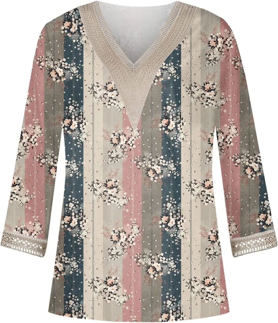 Womens Summer Tops 2023 Ethnic V Neck Fashion Lace Trim Tshirts Printed Comfy 3/4 Sleeve Slim Fit Shirts