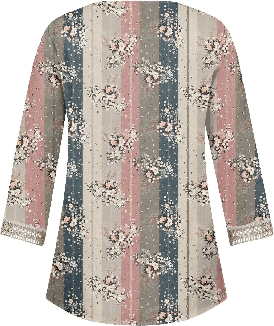 Womens Summer Tops 2023 Ethnic V Neck Fashion Lace Trim Tshirts Printed Comfy 3/4 Sleeve Slim Fit Shirts