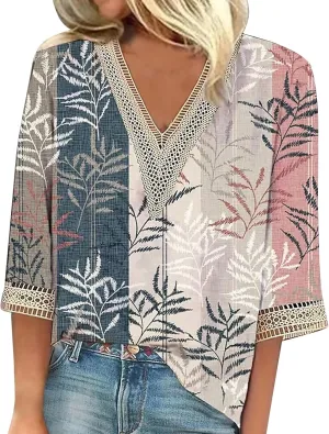 Womens Summer Tops 2023 Ethnic V Neck Fashion Lace Trim Tshirts Printed Comfy 3/4 Sleeve Slim Fit Shirts