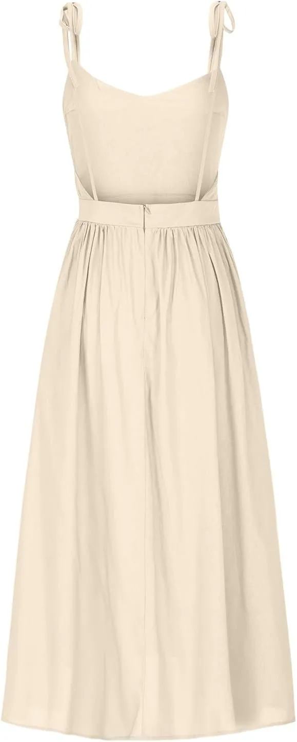 Womens Tie Shoulder Midi Dresses Spaghetti Strap V Neck Backless High Waist Pleated A Line Dress Summer Beach Sundress