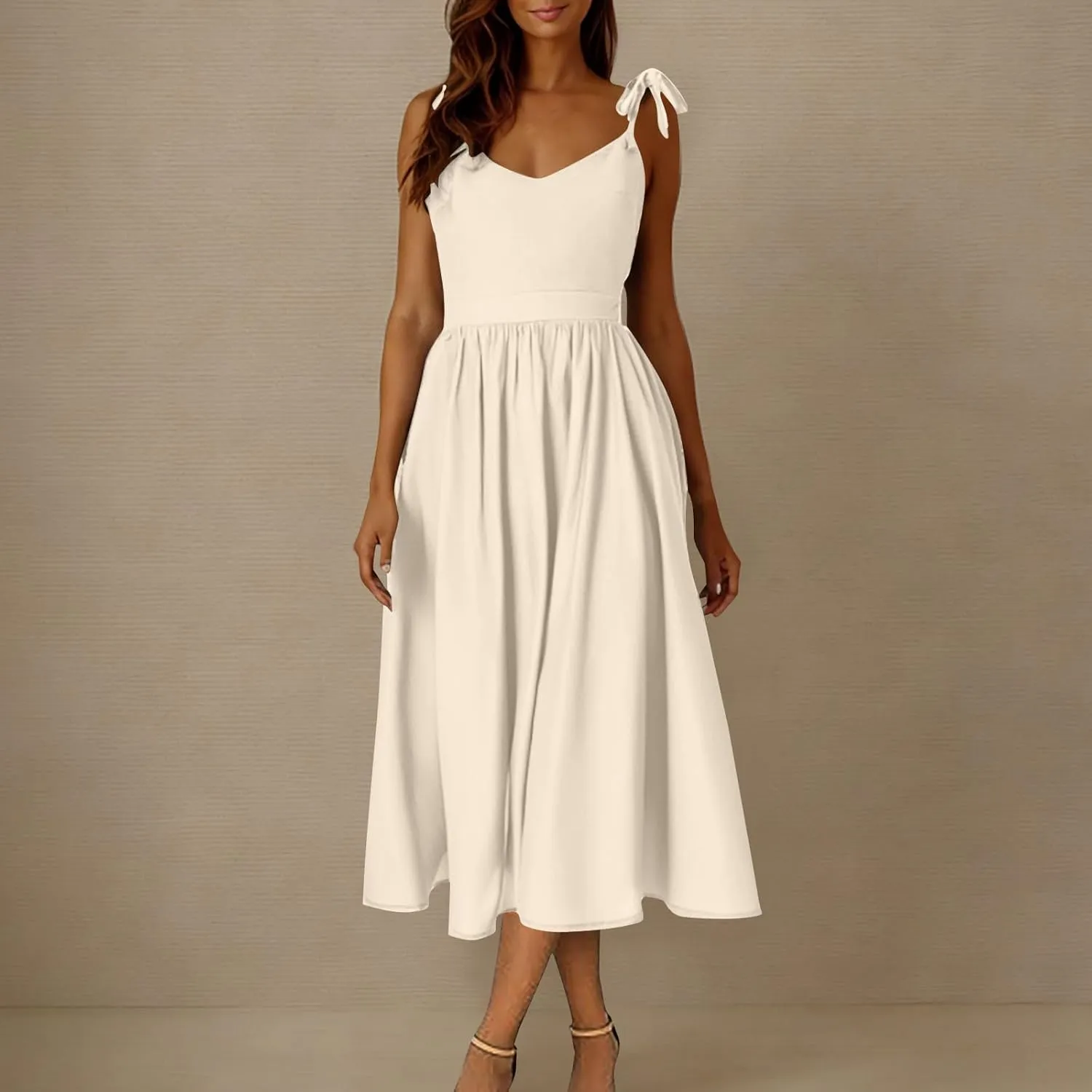 Womens Tie Shoulder Midi Dresses Spaghetti Strap V Neck Backless High Waist Pleated A Line Dress Summer Beach Sundress
