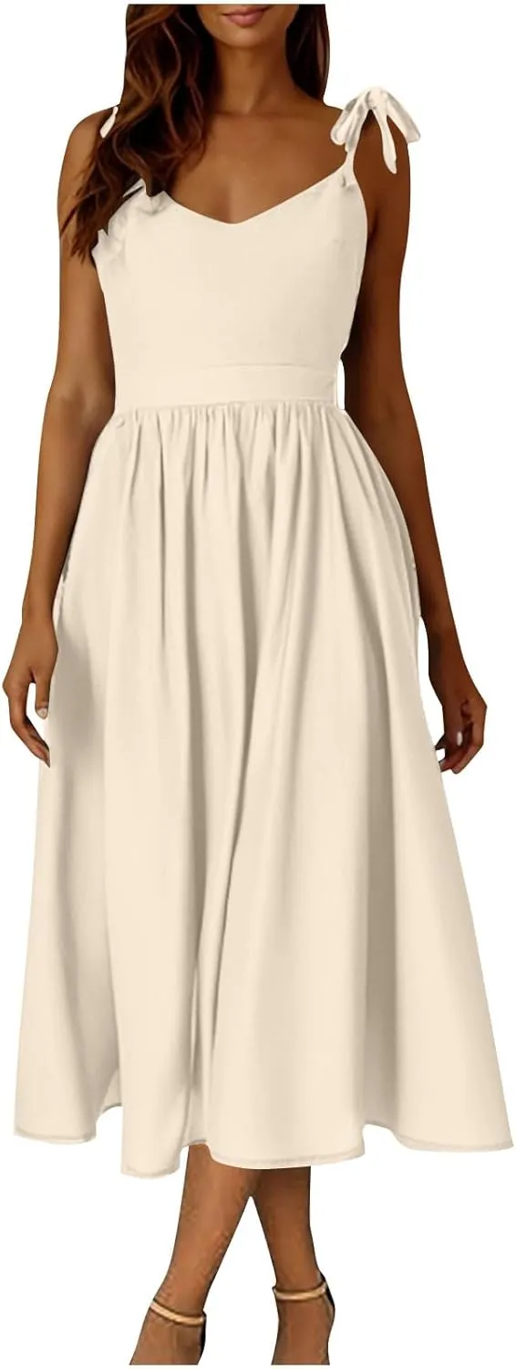 Womens Tie Shoulder Midi Dresses Spaghetti Strap V Neck Backless High Waist Pleated A Line Dress Summer Beach Sundress
