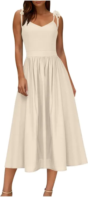 Womens Tie Shoulder Midi Dresses Spaghetti Strap V Neck Backless High Waist Pleated A Line Dress Summer Beach Sundress