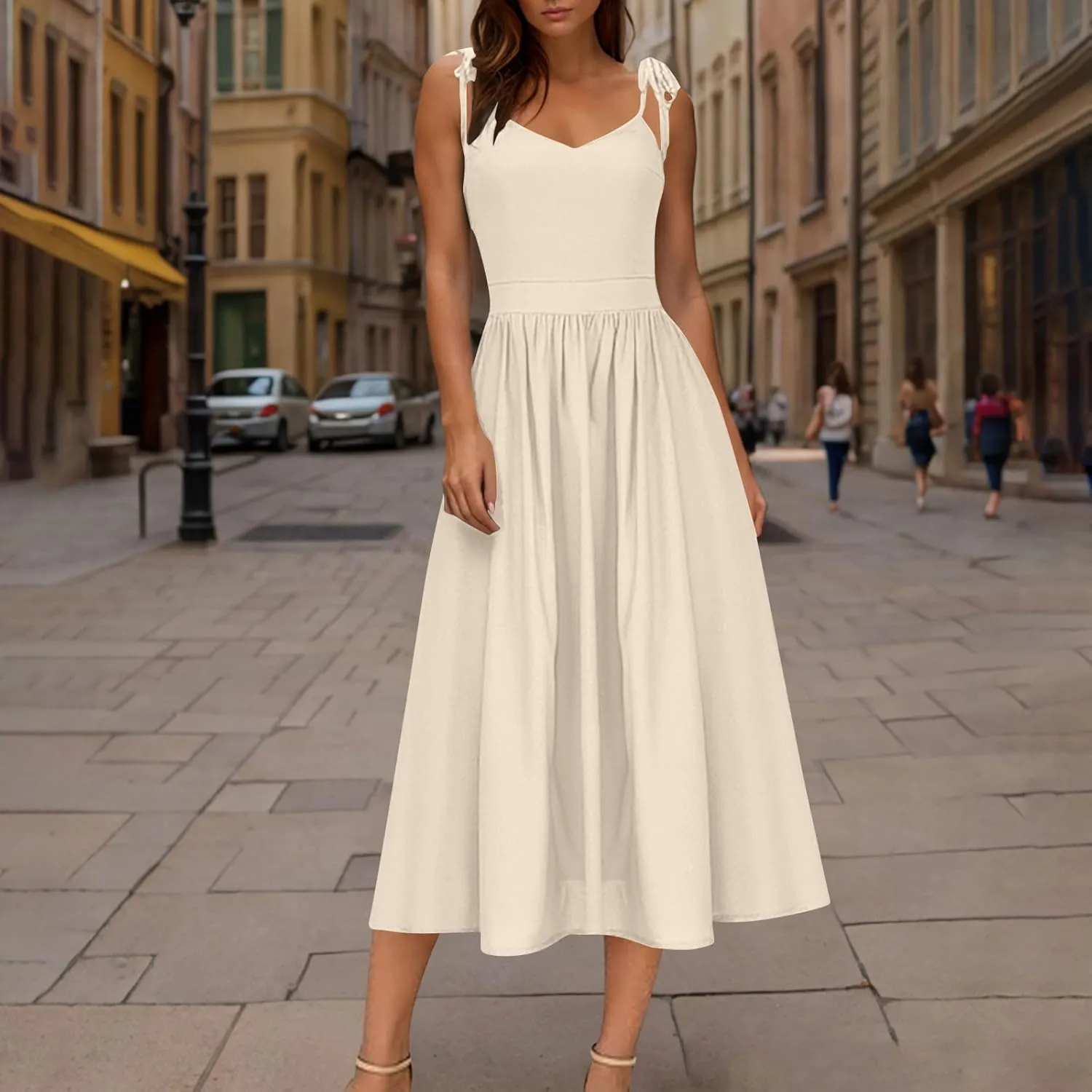 Womens Tie Shoulder Midi Dresses Spaghetti Strap V Neck Backless High Waist Pleated A Line Dress Summer Beach Sundress
