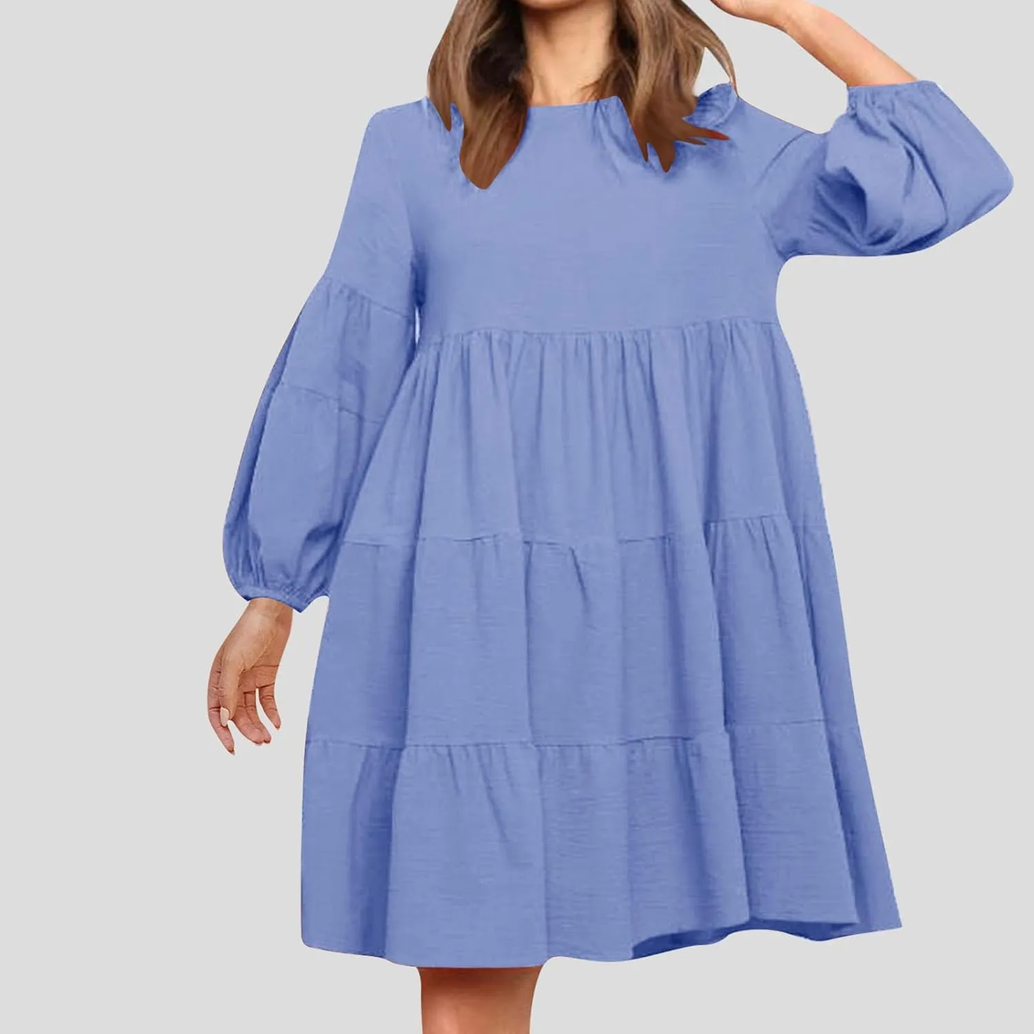 Womens Tiered Ruffle Mini Dresses Lantern Long Sleeve Crewneck A-Line Dress Casual Loose Fit Babydoll Swing Dress
