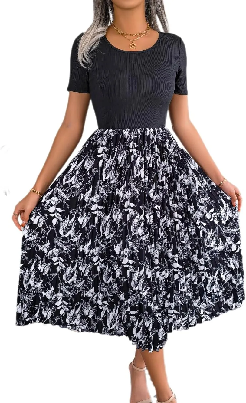 Women's Top with Floral Print Pleated Midi Skirt Dress, Casual Party Evening Sundresses