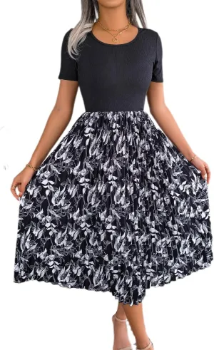 Women's Top with Floral Print Pleated Midi Skirt Dress, Casual Party Evening Sundresses
