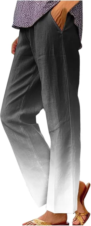 Women's Trendy Linen Pants Gradient Summer Casual Elastic Waist Wide Leg Crop Pants Comfy Beach Lounge Trousers with Pockets