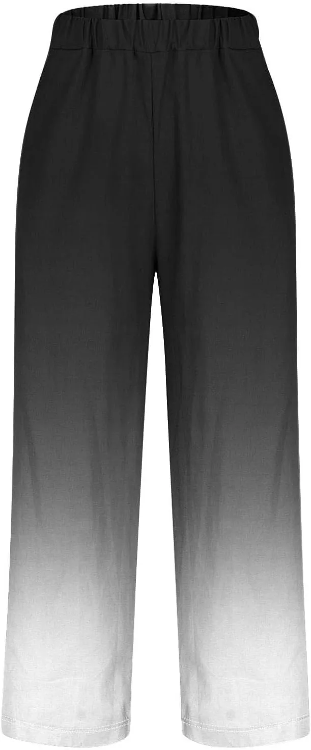 Women's Trendy Linen Pants Gradient Summer Casual Elastic Waist Wide Leg Crop Pants Comfy Beach Lounge Trousers with Pockets