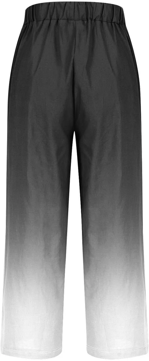 Women's Trendy Linen Pants Gradient Summer Casual Elastic Waist Wide Leg Crop Pants Comfy Beach Lounge Trousers with Pockets
