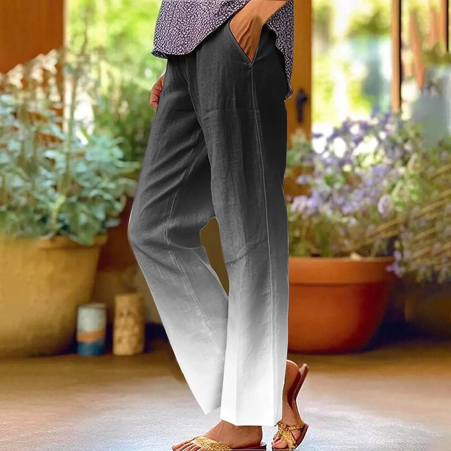 Women's Trendy Linen Pants Gradient Summer Casual Elastic Waist Wide Leg Crop Pants Comfy Beach Lounge Trousers with Pockets