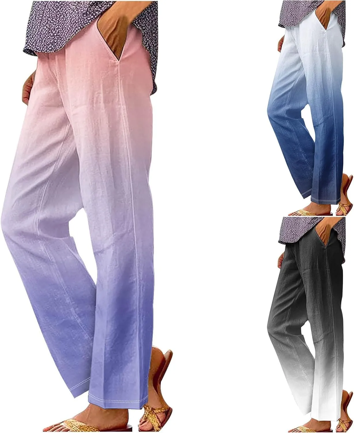 Women's Trendy Linen Pants Gradient Summer Casual Elastic Waist Wide Leg Crop Pants Comfy Beach Lounge Trousers with Pockets