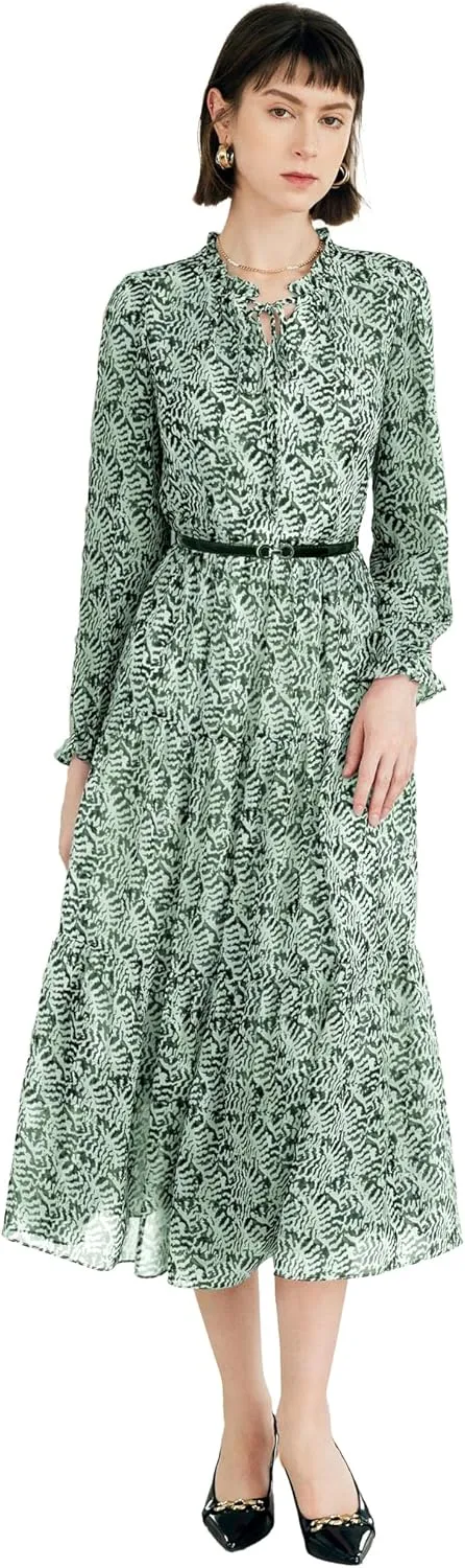 Women's Vintage Floral Print Long Sleeve Dress with Lace Collar and V-Neck Design Mid-Length A-Line Dress