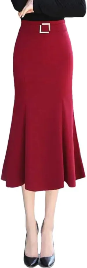 Women's Vintage Pleated Slim Midi Skirt Casual Patchwork Solid Color High Waist Knee-Length Long Skirt