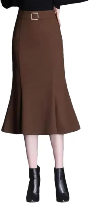 Women's Vintage Pleated Slim Midi Skirt Casual Patchwork Solid Color High Waist Knee-Length Long Skirt
