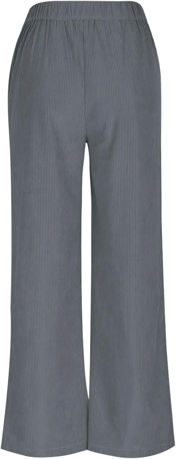 Women's Wide Leg Corduroy Pants Loose Straight Leg Pants High Waist Button Stretchy Trousers Lounge Pant with Pockets
