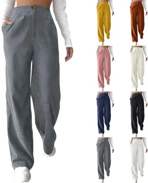 Women's Wide Leg Corduroy Pants Loose Straight Leg Pants High Waist Button Stretchy Trousers Lounge Pant with Pockets