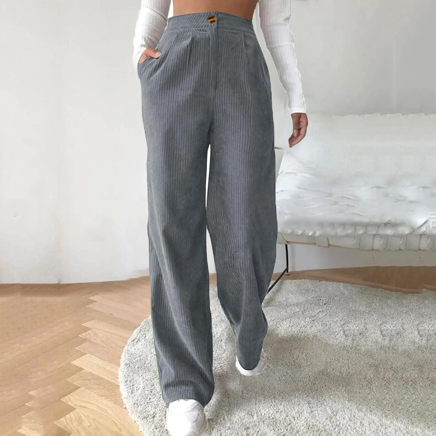 Women's Wide Leg Corduroy Pants Loose Straight Leg Pants High Waist Button Stretchy Trousers Lounge Pant with Pockets