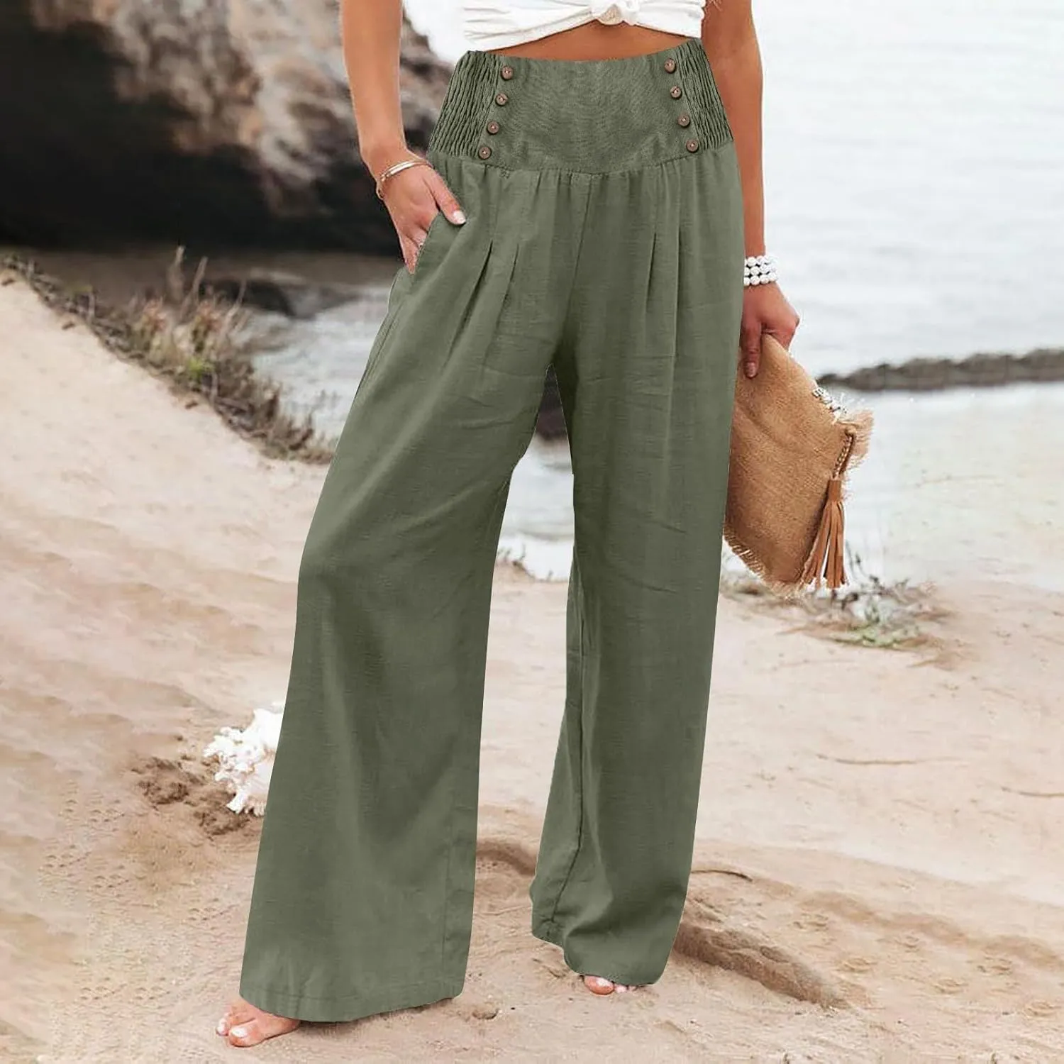 Womens Wide Leg Linen Pants High Waist Summer Casual Baggy Lounge Slacks Beach Boho Lightweight Trousers with Pockets