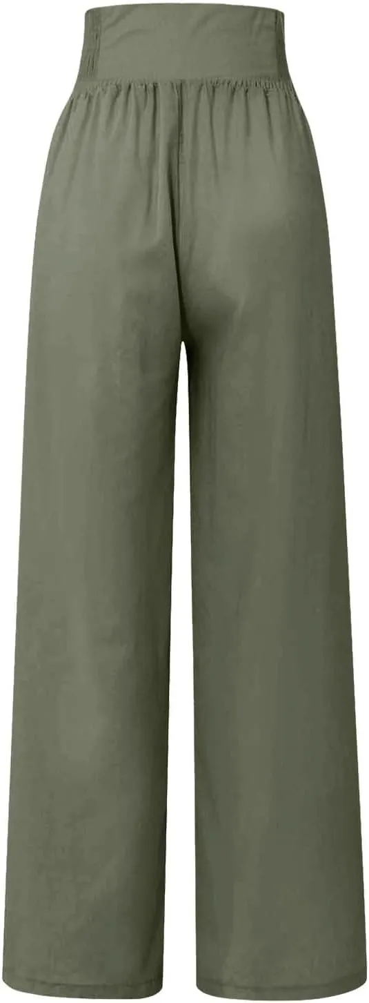 Womens Wide Leg Linen Pants High Waist Summer Casual Baggy Lounge Slacks Beach Boho Lightweight Trousers with Pockets