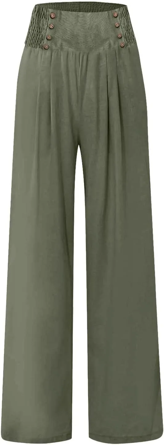 Womens Wide Leg Linen Pants High Waist Summer Casual Baggy Lounge Slacks Beach Boho Lightweight Trousers with Pockets